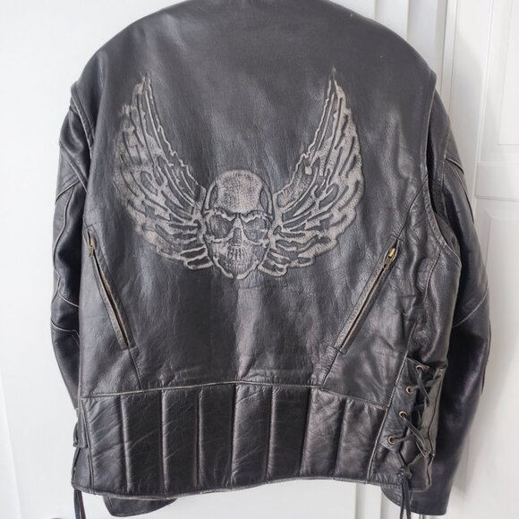 Motorcycle rider leather jacket men's size L / XL black skull pattern on back - Picture 2 of 12